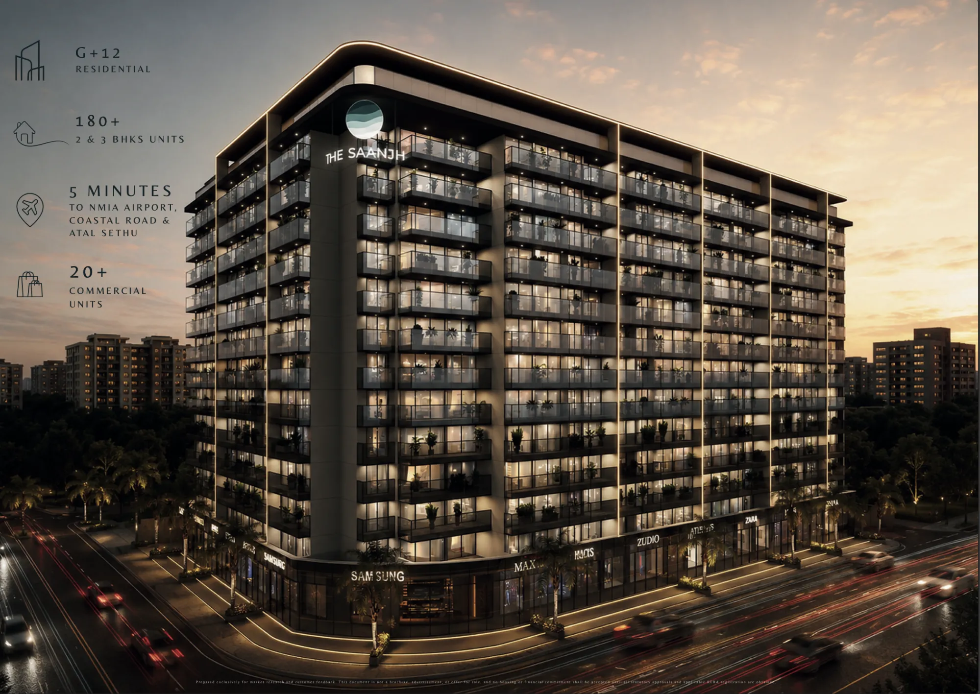 The Saanjh in Sector 22, Ulwe, Navi Mumbai — the G+12 tower at dusk above its retail boulevard